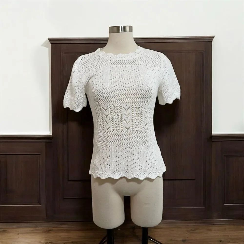 Topshop Retro White Eyelet Short Sleeve Sweater Top Shirt Small Mock